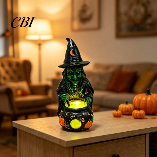 Indoor Outdoor Halloween Ornaments Witch Cauldron Lamp Figurine, Resin Scary Witches Lighted-Up Lighted Statue Cauldron, Festival Supplies Shelf