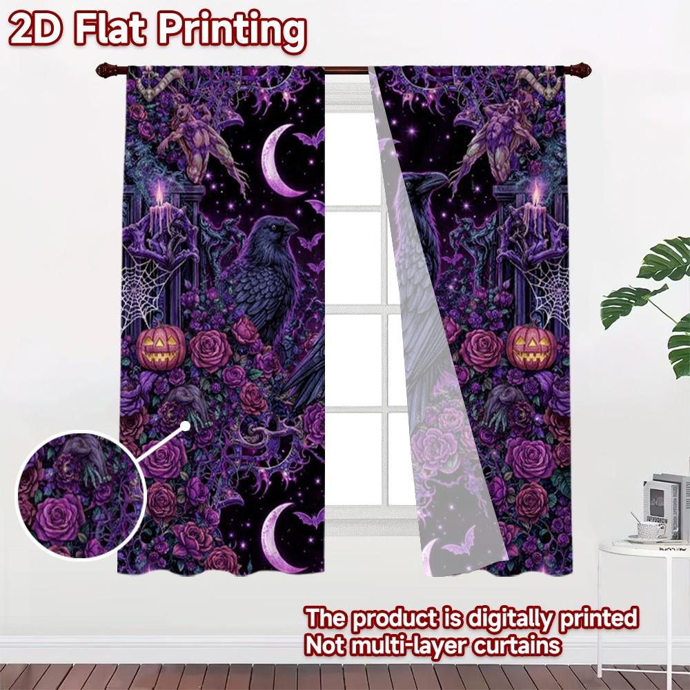 2D-Flachdruck, 2-teilige Vorhänge (Ohne Stange) Halloween Gothic Nacht Raben Schickes Vorhangstoff Vielseitiger Polyesterstoff
