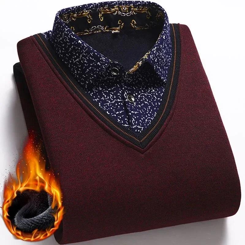 Nuevo Otoño Invierno 2025 Suéter de Lana para Hombre con Cuello de Camisa Moda a Cuadros Liso Grueso Cálido Forro Polar Alta Calidad Versátil Casual
