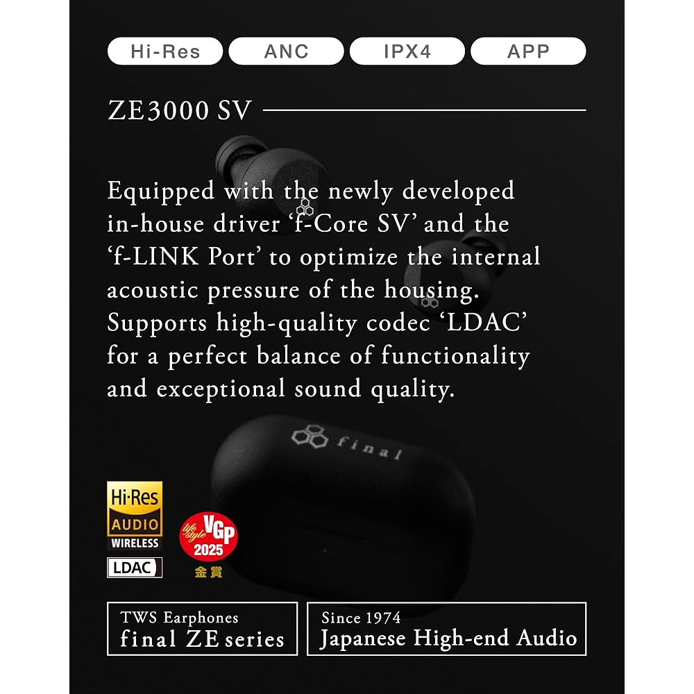 Final ZE3000 SV Wireless Earphones, HiRES Compatible, ANC