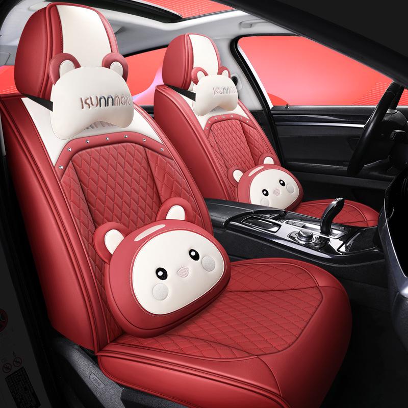 Universal Cartoon Car Seat Cover – Cute, Full-Surround Cushion for Small Cars, Fits 5-Seat Models, All-Season Use.