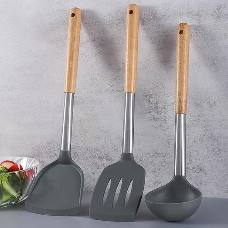 Silicone Kitchen Utensils Wooden Handle Non Stick Pot Kitchenware Cooking Heat-Resistant Soup Spoon Pasta Colander Shovel