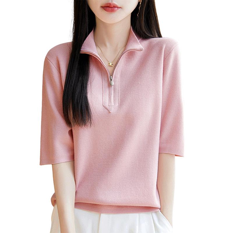 Spring/Summer 2025 Silk Wool Half Turtleneck Zip Sweater - Solid Color, Half Sleeve Top