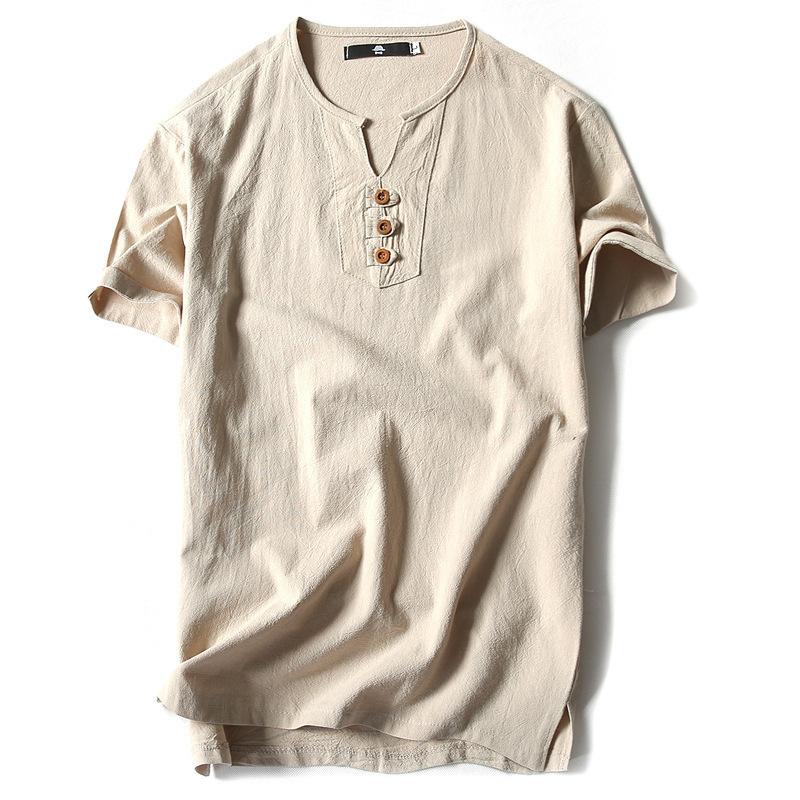 Summer  men's cotton and linen short-sleeved T-shirt men's three-button solid color large-size youth stand-up collar top