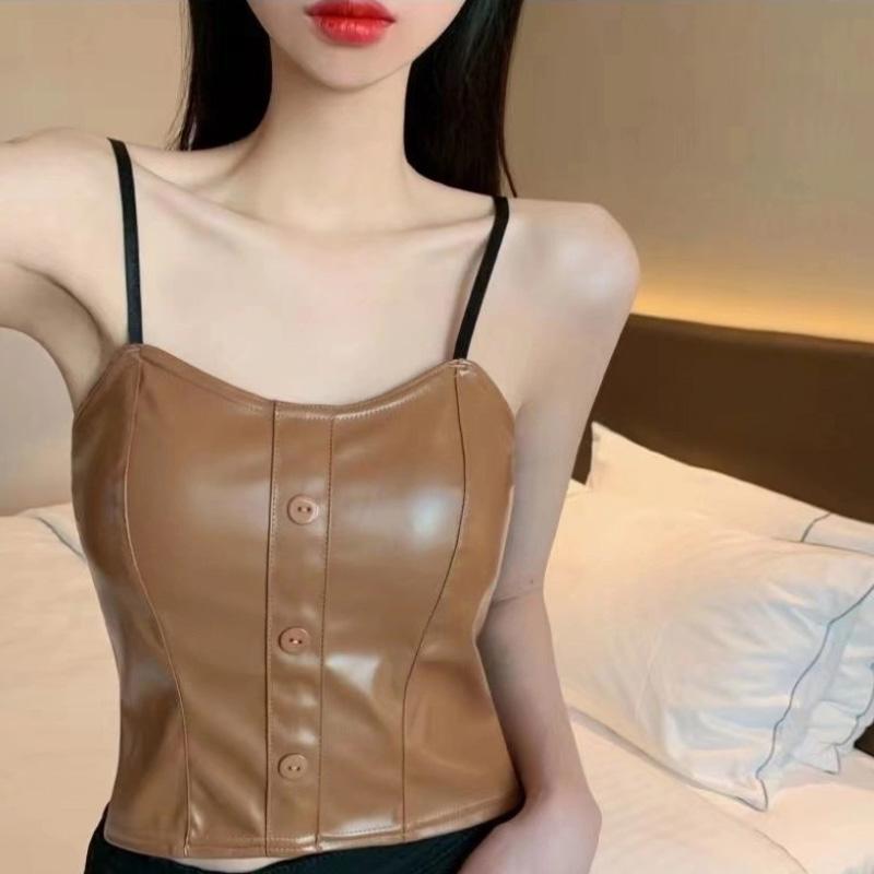 Sexy PU Leather Camisole Top Women Black Sleeveless Vest Bra with Chest Pad Underwear Korean Fashion Streetwear Female Clothes