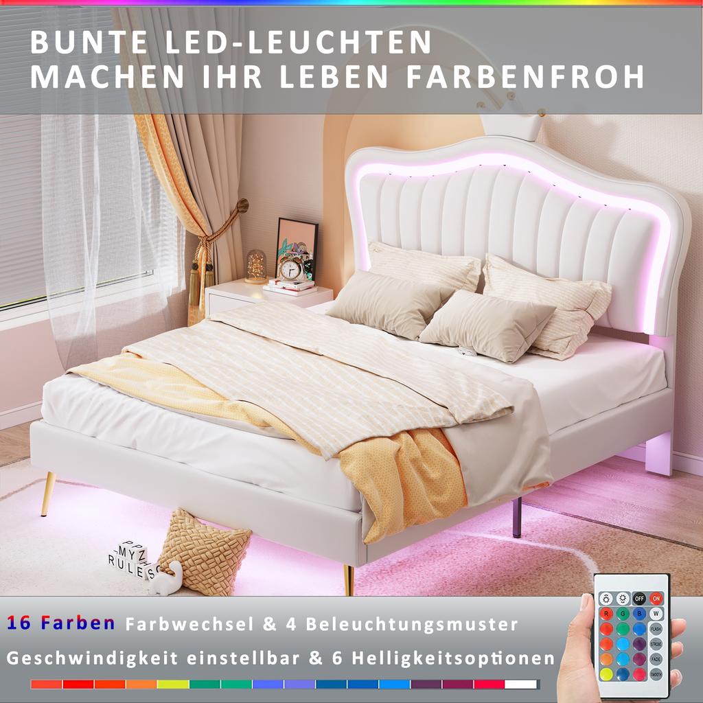 Children's Upholstered Bed 140 x 200 cm, White Crown Double Bed Frame made of PU Leather with LED Lights, Slat Frame, Backrest (Mattress not included)