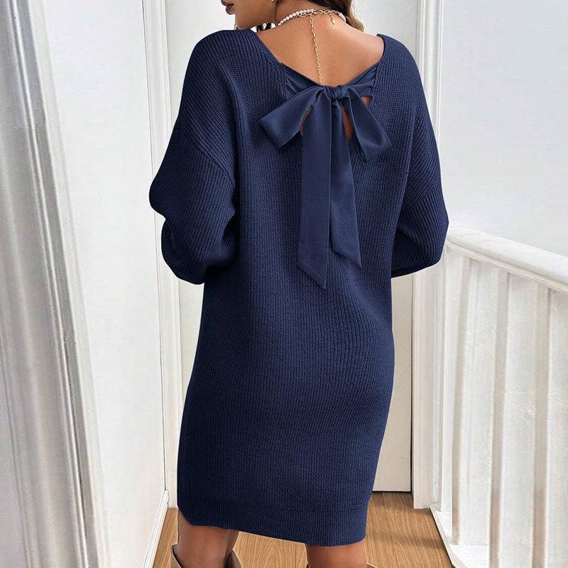Autumn Women's V-Neck Bowknot Sweater Dress - Loose Knit Pullover