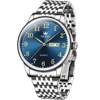 Tokei Watch Fashionable Popular Waterproof Olevs Watch Business Analog Stainless Steel Watch Date Arabic Numerals Quartz Clock Blue Watch Silver