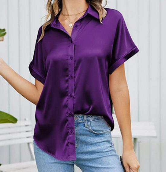 Available in 2026: Multi-Color Silk Satin Casual Loose Short-Sleeve Button Top Extra Large фиолетовый