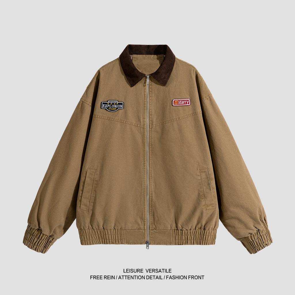 Pure Cotton Jacket for Men's New Jacket Embroidered American Washable Old Lapel Men's Spring and Autumn Clothing