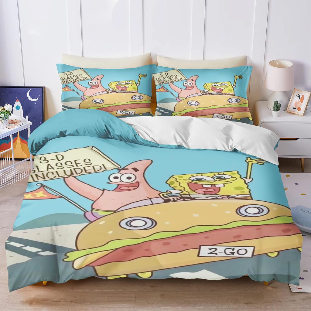 Christmas SpongeBob Patrick Bedding Set Dark Background Duvet Cover 3D Cartoon Quilt Cover Kids Bed Decor No Filler