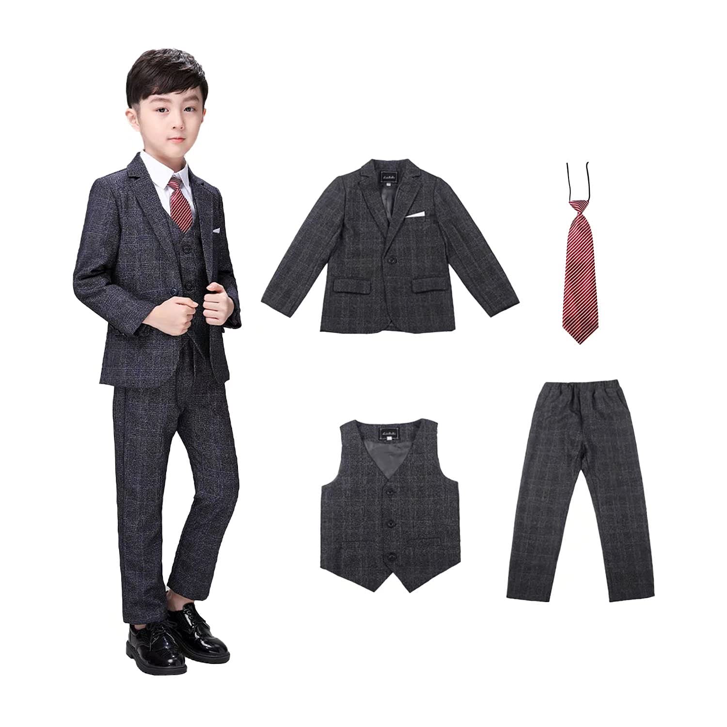 

Формальный костюм для мальчиков, в клетку, детский костюм в гусиную лапку, для выхода, выпускного, [WEEN CHARM], детский костюм, узор, узор, набор из 4 предметов, концерт, Сити-Го-Сан,