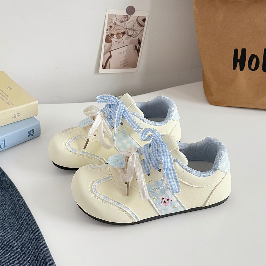 Plaid puff shoes women's skirt niche original design 2025 autumn thin versatile platform student board shoes tide