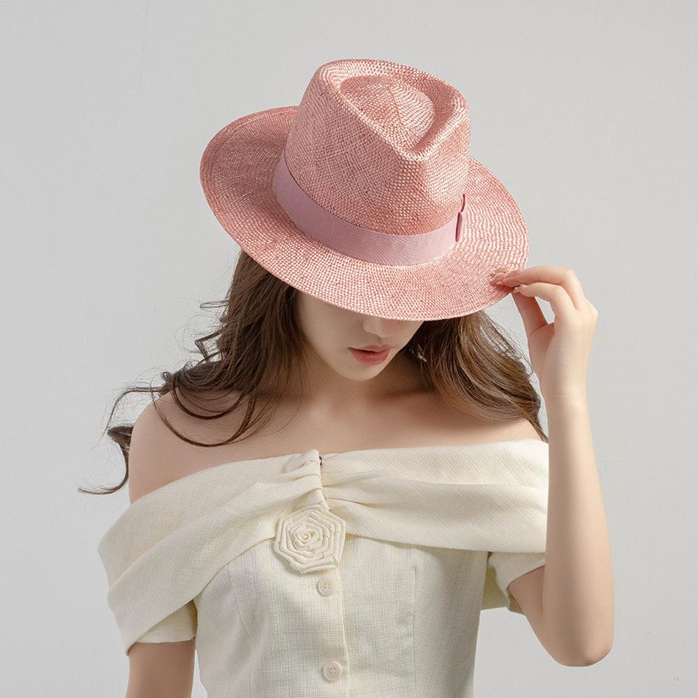 Natural grass woven wide brimmed jazz hat with bow and ribbon for sun protection and sunshade grass hat