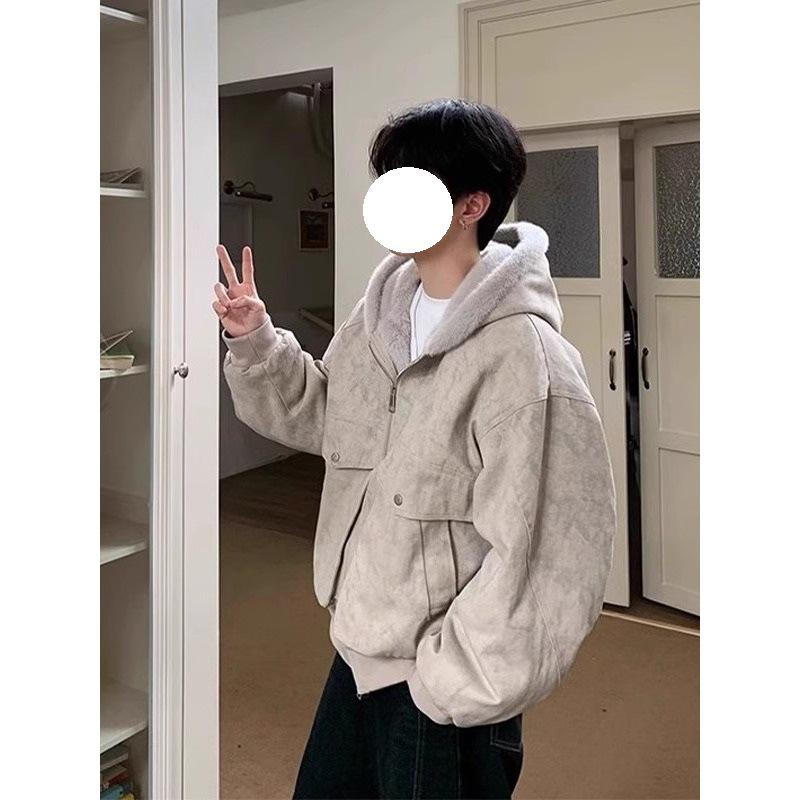 Men's Winter Marble Pattern Hooded Jacket - Plus Velvet, Loose Fit, Warm Cotton