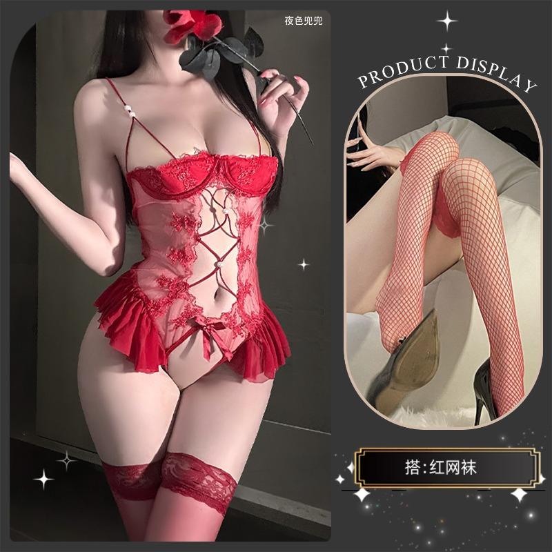 Sexy underwear Sexy small breasts show big lace seduction Hollow onesie Hot uniform Passion female body sculpting