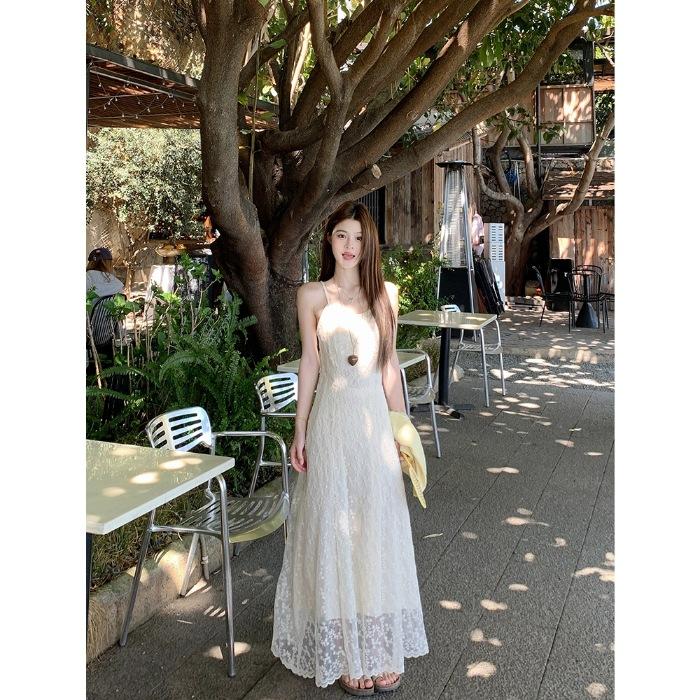 Gentle wind lace crochet suspender dress summer new vacation style temperament waist thin long dress women S белый