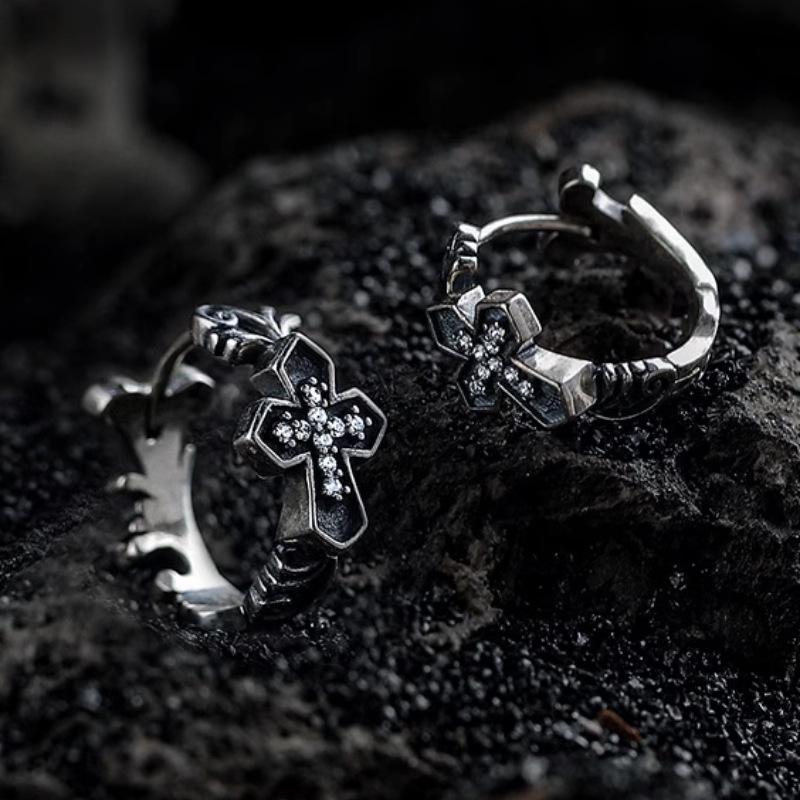Retro Cross 925 Silver Needle Earrings: Men's High-End Fashion, Heavy Industry Style, All-Match Jewelry Ear Buckles