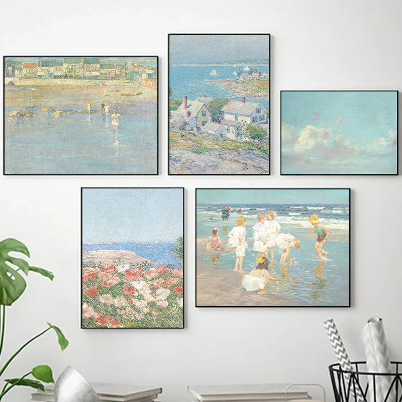 Vintage Beach Play Scene Childrenes Summer Posters Canvas Printing Coastal Wall Art Picture for Living Room Home Decor Gifts