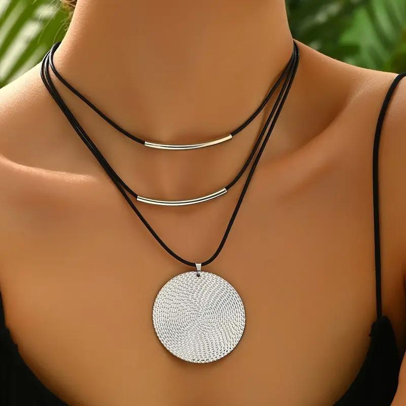 Fashion Disc Pendant Three-layer Necklace Sweater Chain Jewelry Collarbone Chain Accessories