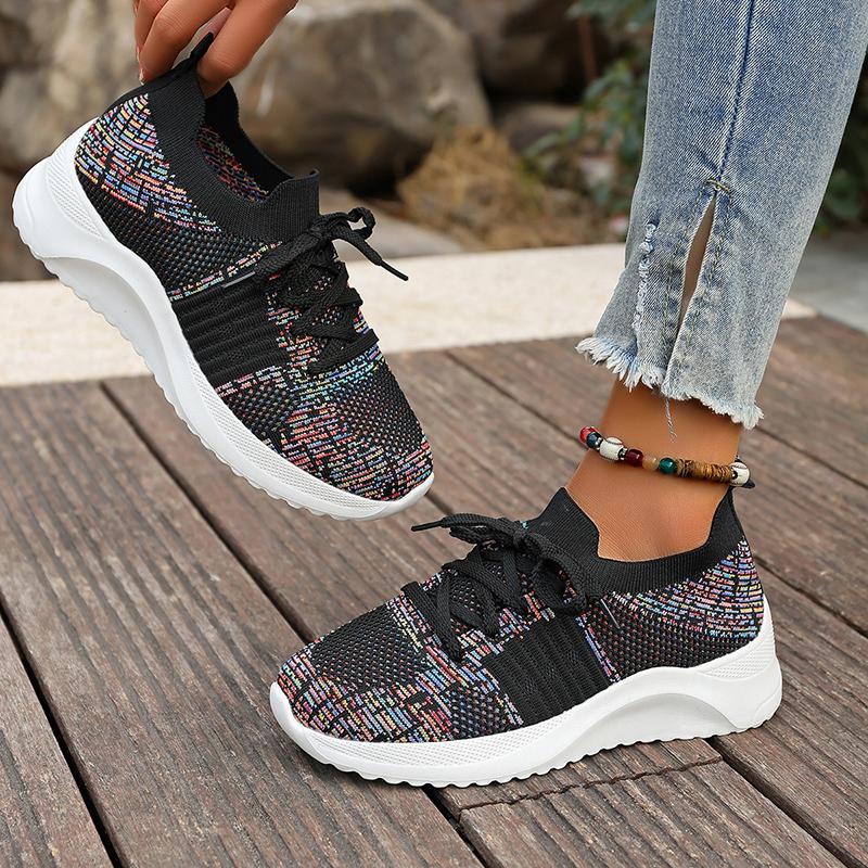 Lightweight Breathable Knitted Sneakers Women Fashion Colorful Striped Casual Shoes Woman Comfort Non Slip Running Sports Shoes