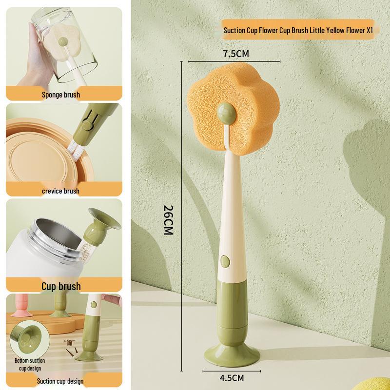 Suction Cup Long Handle Multifunctional Bottle & Cup Cleaning Brush with Sponge