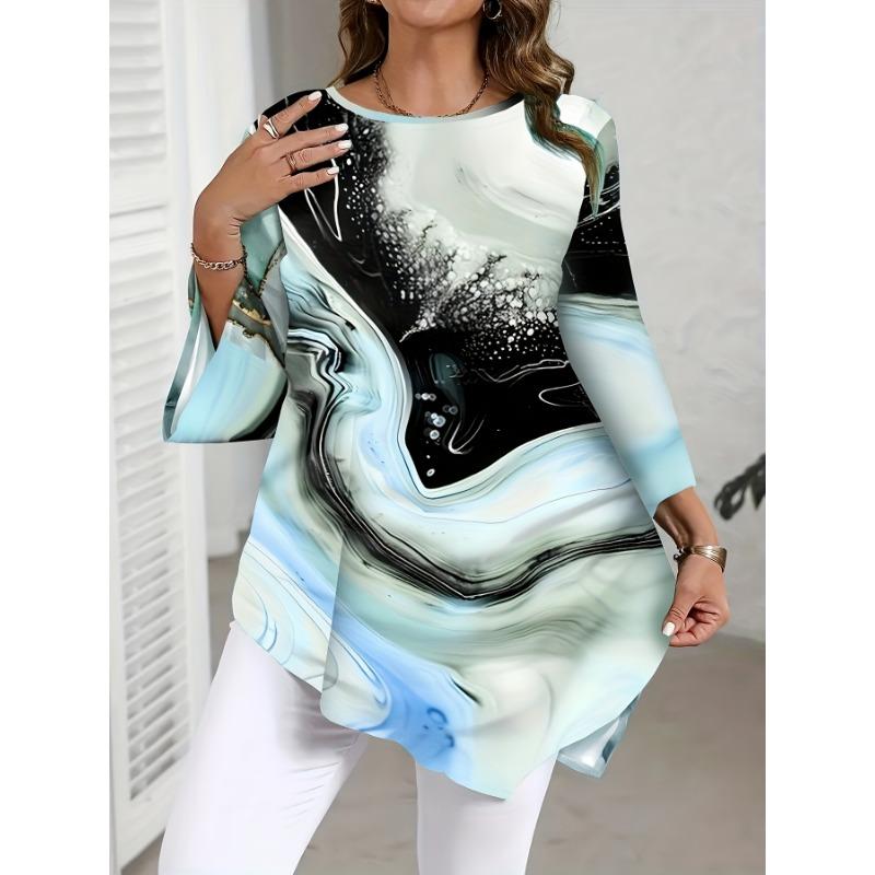 Women s Elegant Plus Size Printed Round Neck Hem Asymmetric Top S