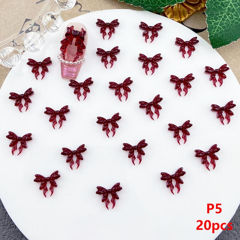 20Pcs Wine Red Resin Bow Nail Charm Bulk Mix Size 3D Ribbon Bowkont Mini Kawaii Nail Art Accessories Diy Cute Nails Decorations