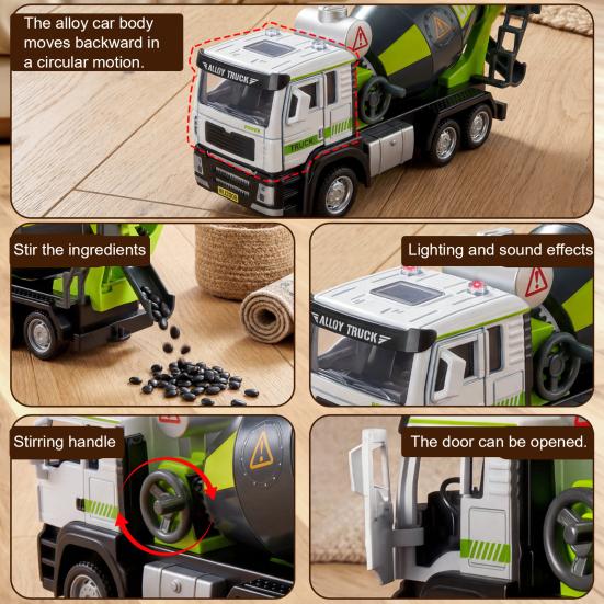 Kids Mixer Truck Toy with Light Sound Opening Door Movable Joints Engineering Vehicle Model Toddlers Boys Educational Inertia Drive Construction