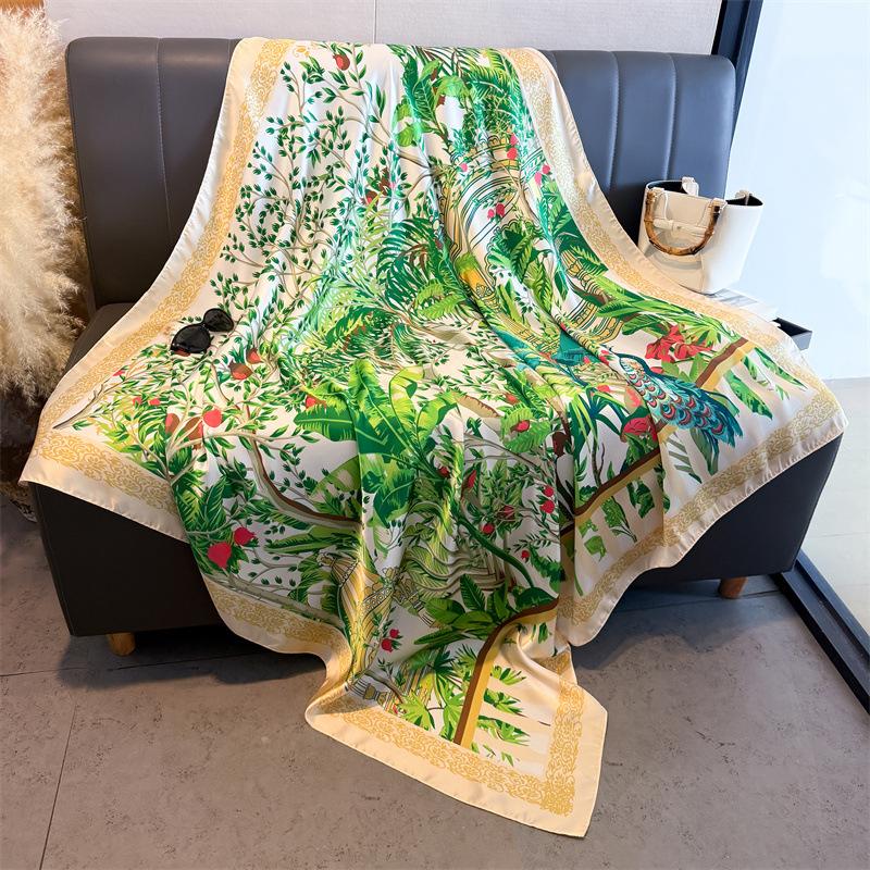Peacock Jungle Simulation Silk Premium 111cm Large Square Scarf Silk Scarf Printed Shawl Sunscreen Scarf Headscarf Scarf