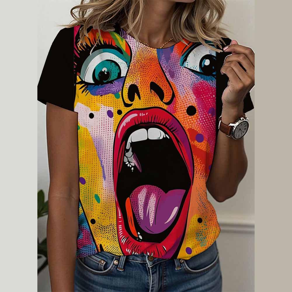 Girl 3D Printed Women's T-shirt Summer Round Neck Short Sleeved T-shirt