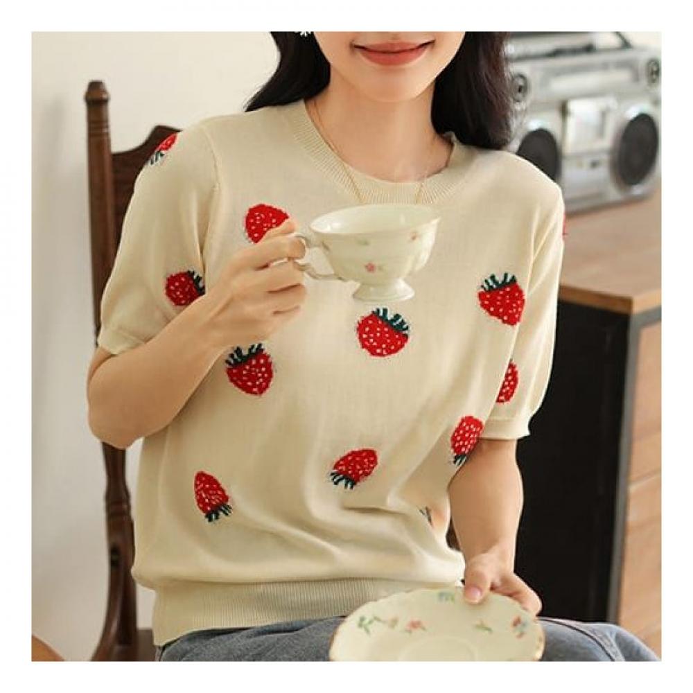 Navava Nk2015 Strawberry Round Neck Short Sleeve Knit Tee