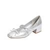Square Head Light Mouth Bow Thick Heel Mary Jane Shoes Silver Ballet Versatile High Heel Single Shoes Women