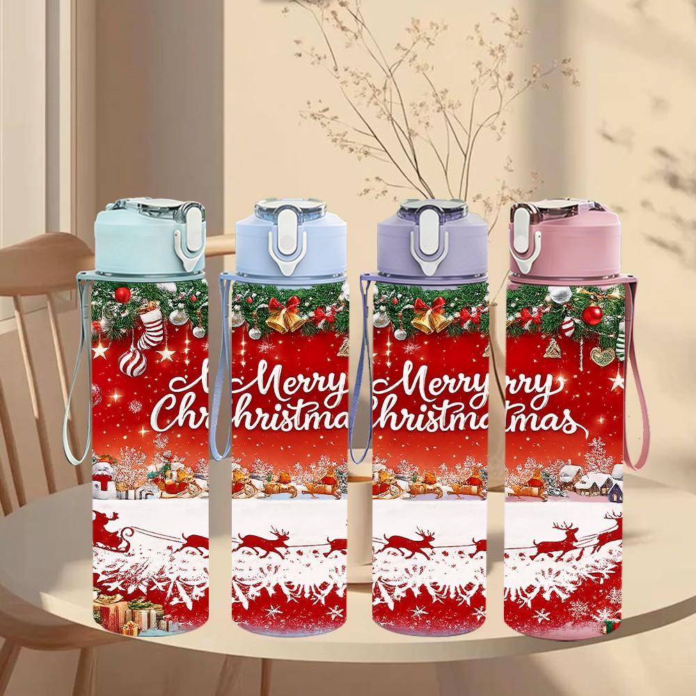 1PC Merry Christmas Red Festive Print 750ml Color Plastic Sports Water Bottle Leakproof Flip Straw Lid Suitable for Sports Office Home Use