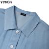 VONDA Elegant Women Short Sleeve Lapel Button Down High Low Hem Casual Cropped Blouse