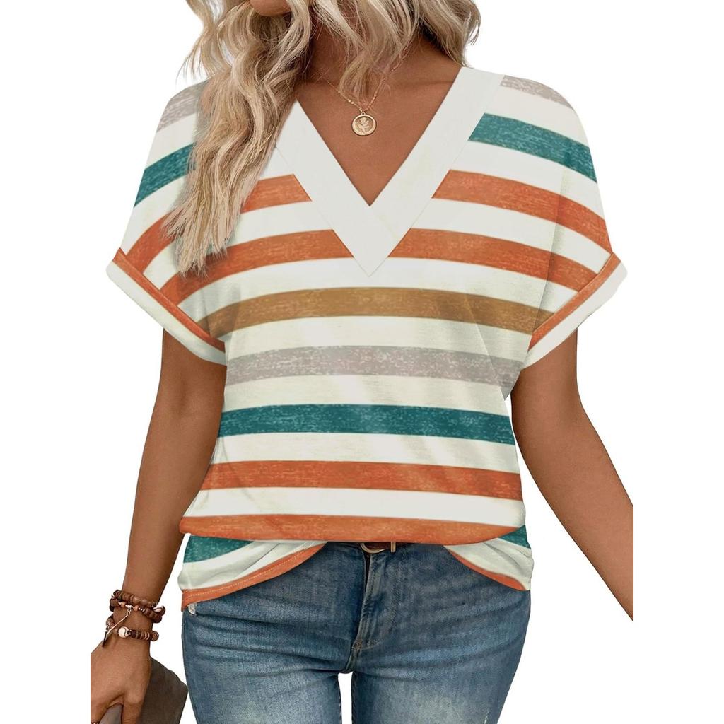 Women's Round Neck Short Sleeve Striped Color Block Loose Fit Casual Print T Shirt Streetwear Top