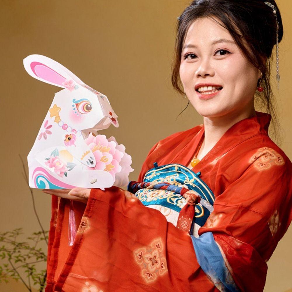 Paper Chinese Rabbit Lantern Cartoon Handmade Handheld Rabbit Lantern Glowing DIY Material Package Mid-Autumn Festival Lantern