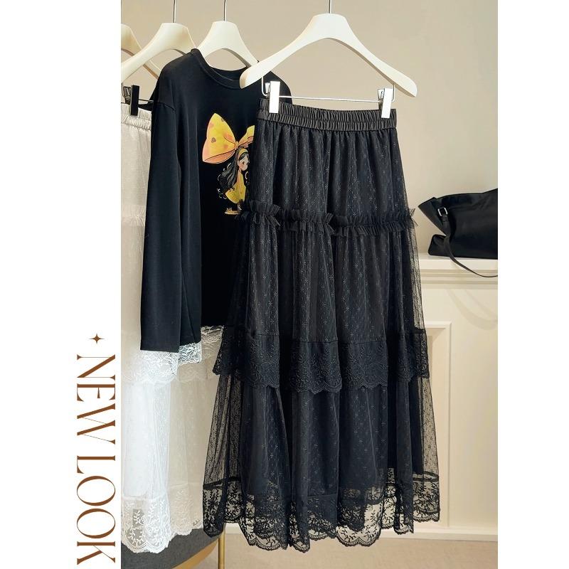 

French lace edge splicing mesh skirt women s spring new sweet wind high waist A word medium and long cake skirt One size fits all чорний