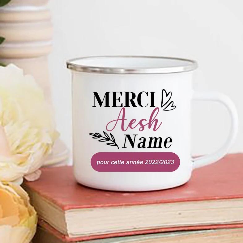 Personalisierte Tassen Kreative Kaffeetassen Trinkwasserbecher Emaille-Tasse Schule Zuhause Henkel Trinkgeschirr Geschenk für Lehrer ATSEM AESH AVS
