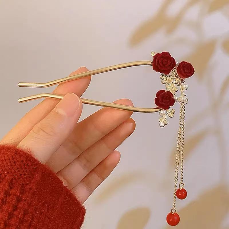 Red Camellia Tassel Hair Clips for Bridal Updo or Evening Gown