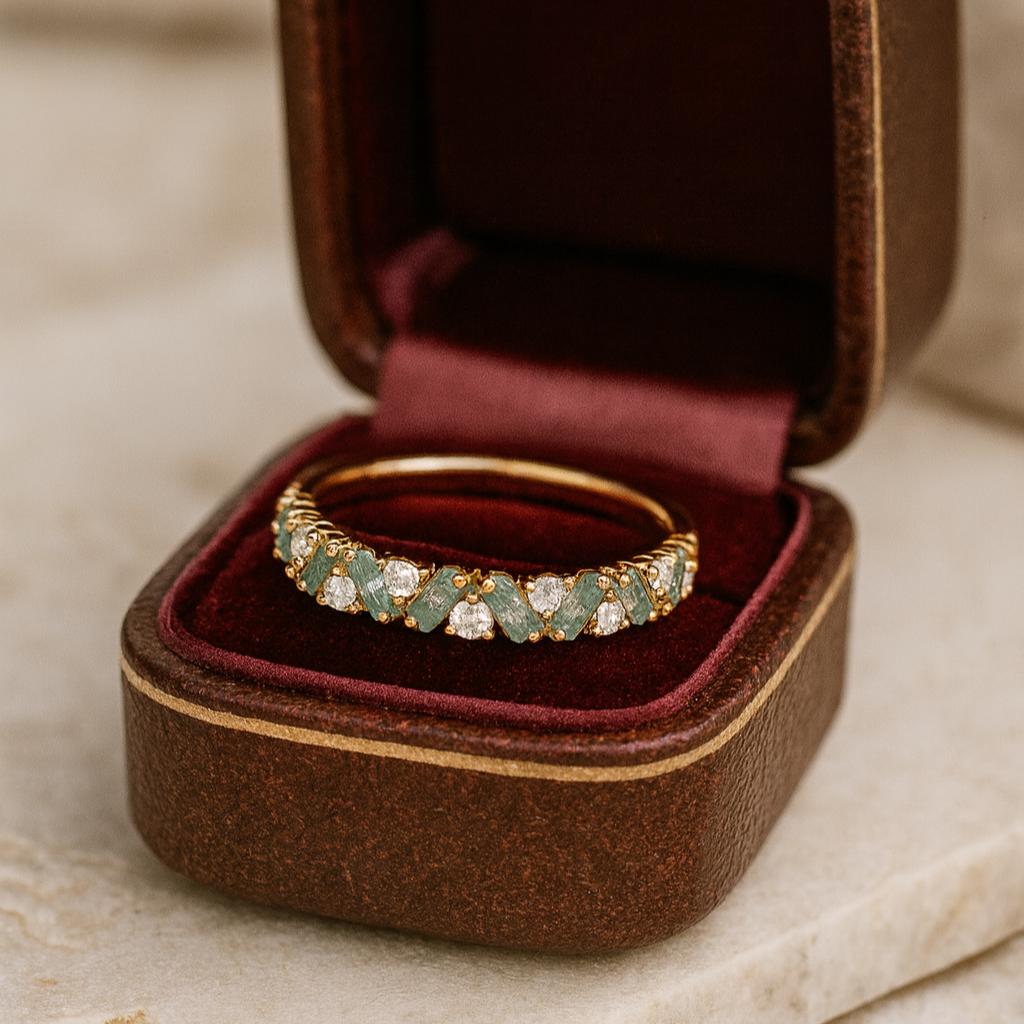 Wedding Engagement Anniversary Promise Gift – Natural Baguette Moss Agate Cluster Wedding Band, Art Deco Moissanite Eternity Bridal Ring