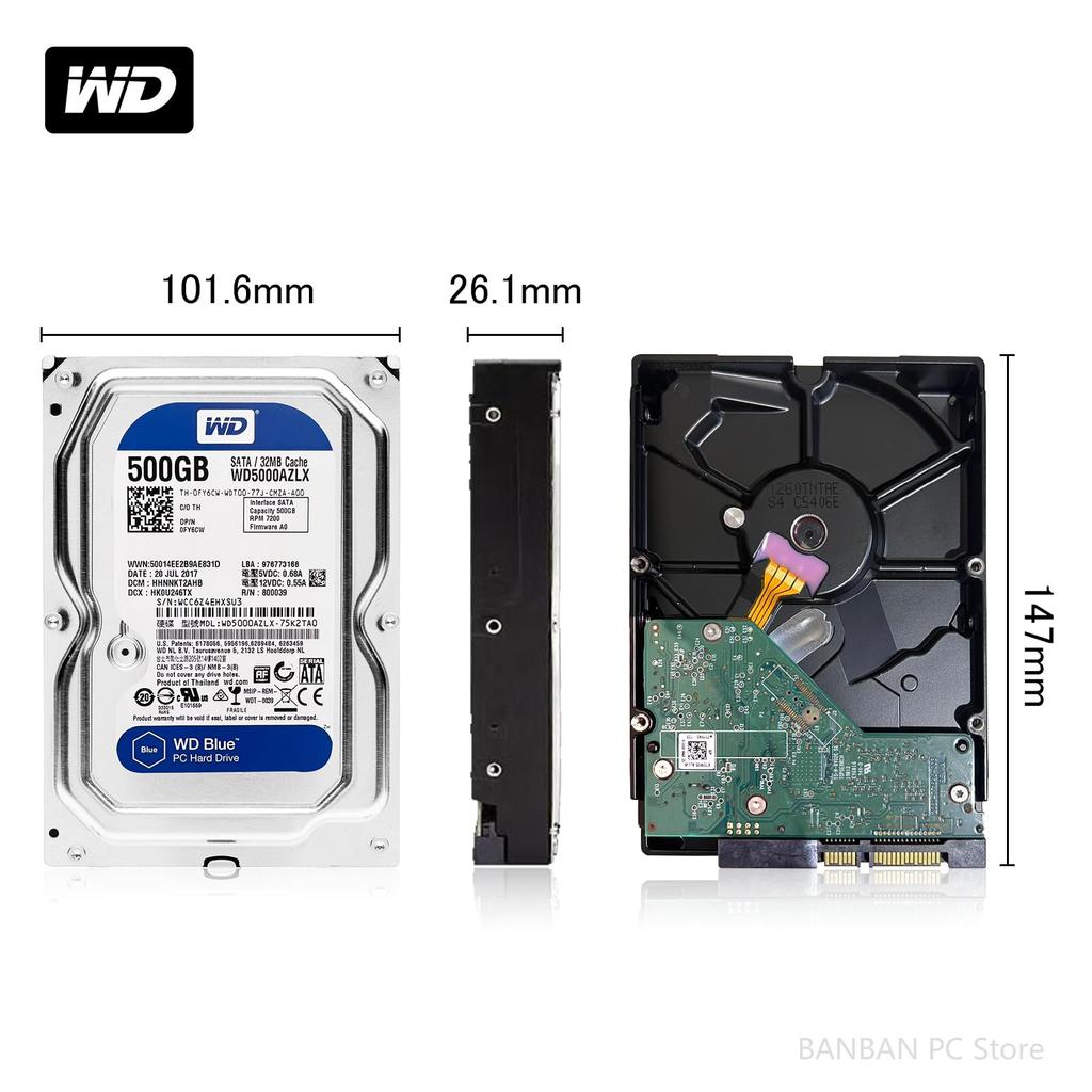 [Refurbished] Western Digital 500GB HDD, 7200RPM SATA 6Gb/s, 32MB Cache, 3.5" Internal Hard Drive, Silver Series WD10EZEX, for Desktop/Laptop PCs (500