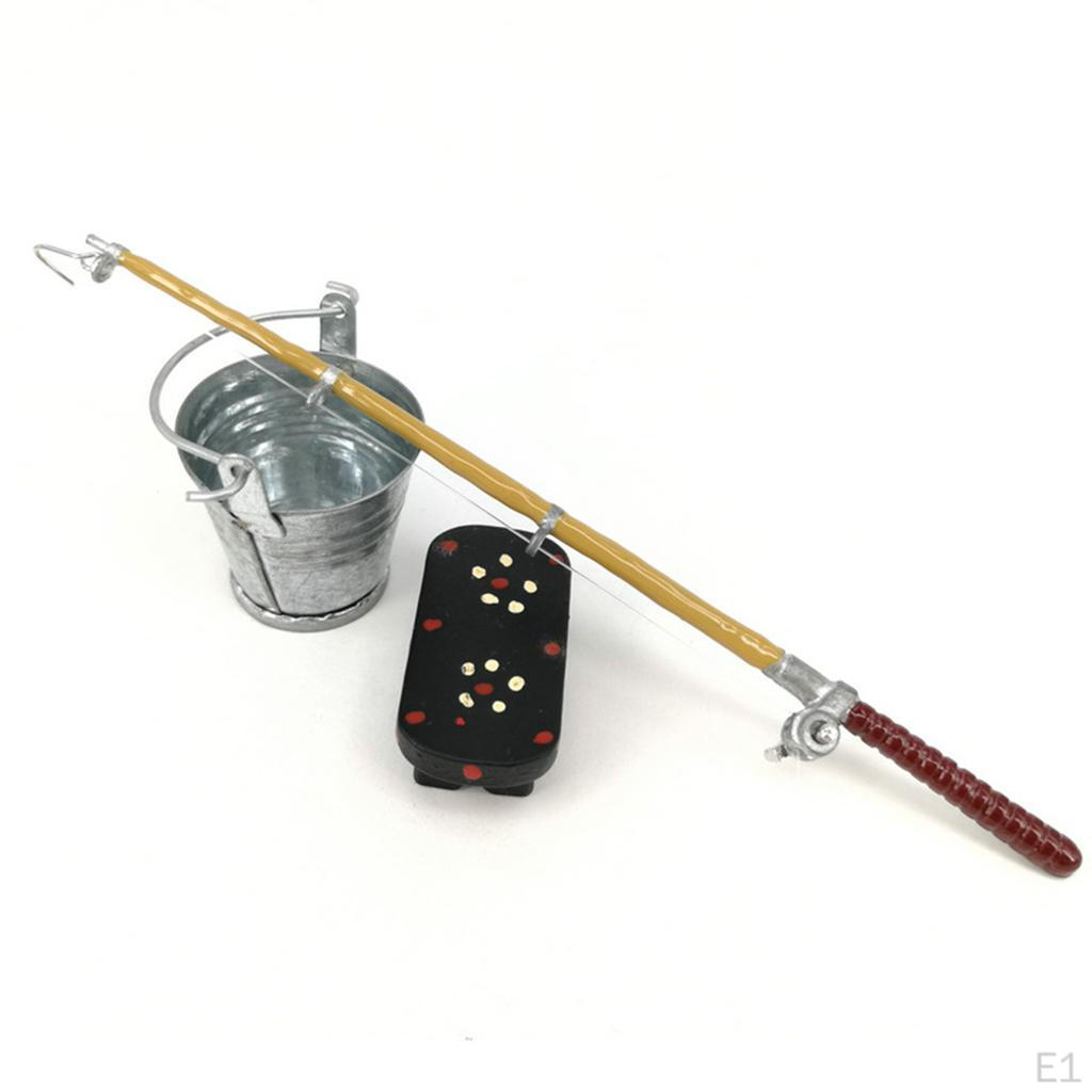 1:12 Scale Doll House Miniature Bucket + Fishing Rod Bench Set
