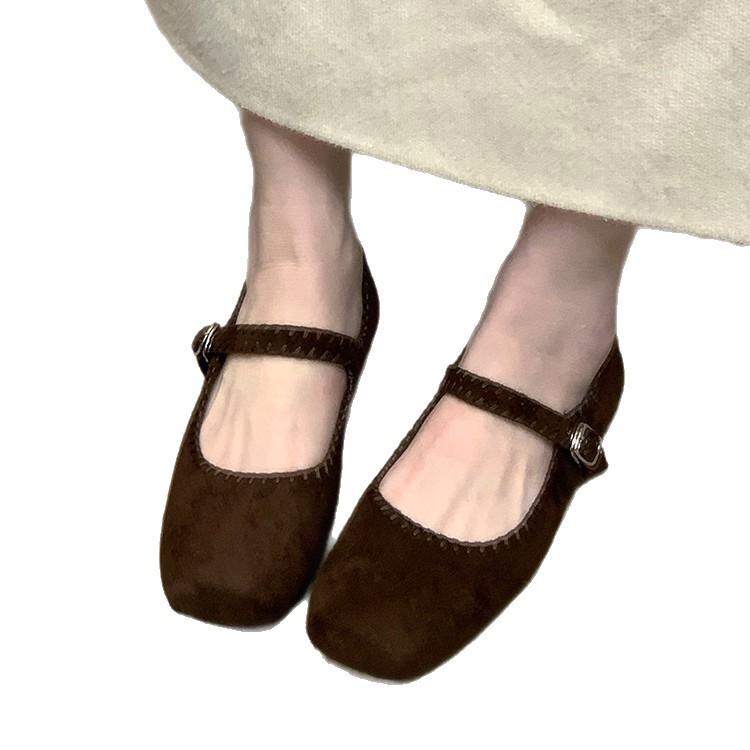 Blue Cabinet French Square Head Shallow Mouth Doudou Shoes Flat Single Shoes Women's 2025 Autumn New Retro Suede Mary Jane Shoes