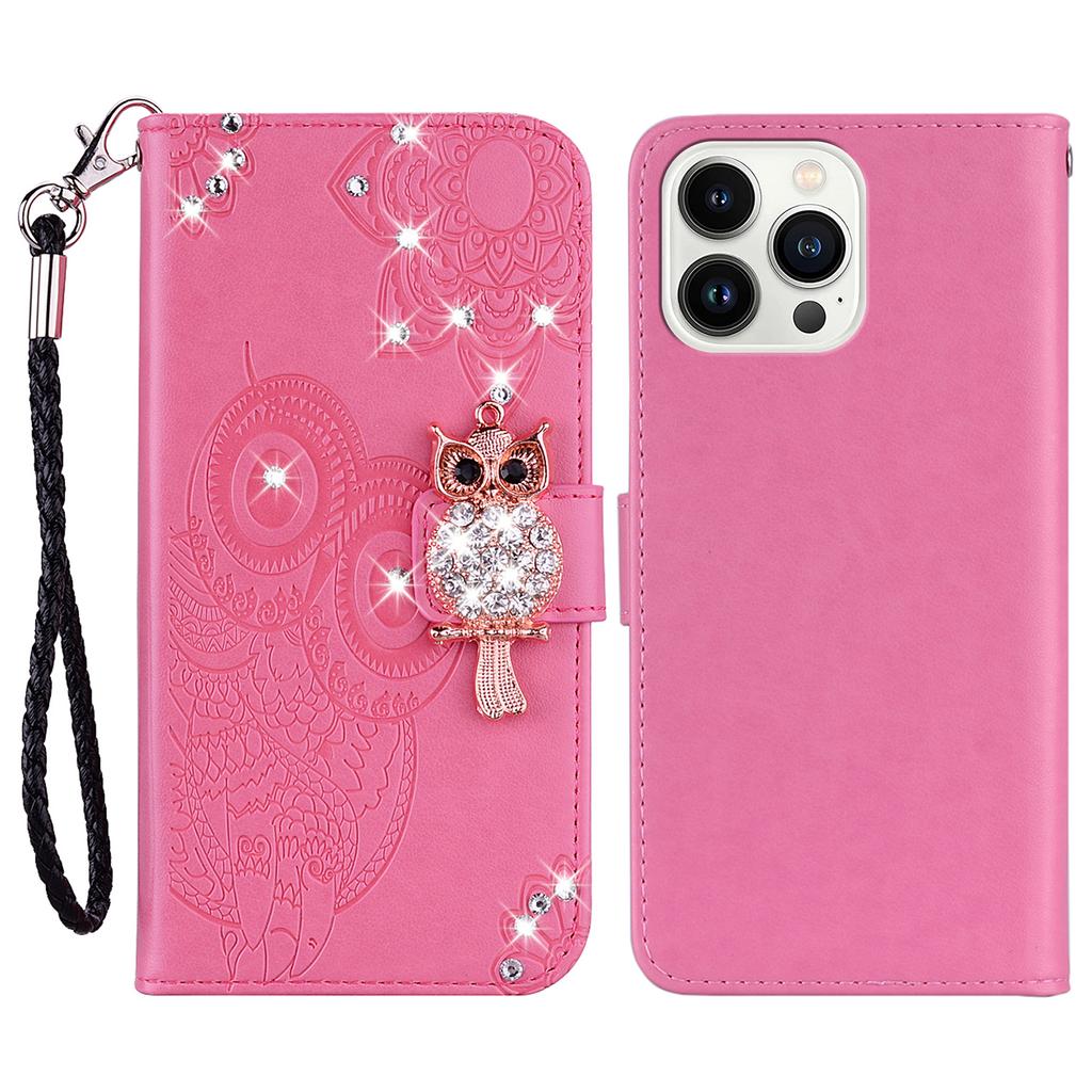 For iPhone 16 Pro Wallet Case Owl Flower Imprinted Rhinestone Leather Cover