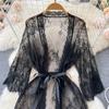 Mesh Sheer Sensual Cardigan Nightwear Women Solid V-Neck Lace Print Night Dresses Female Long Sleeve Lingerie Erotic Pajamas 2024