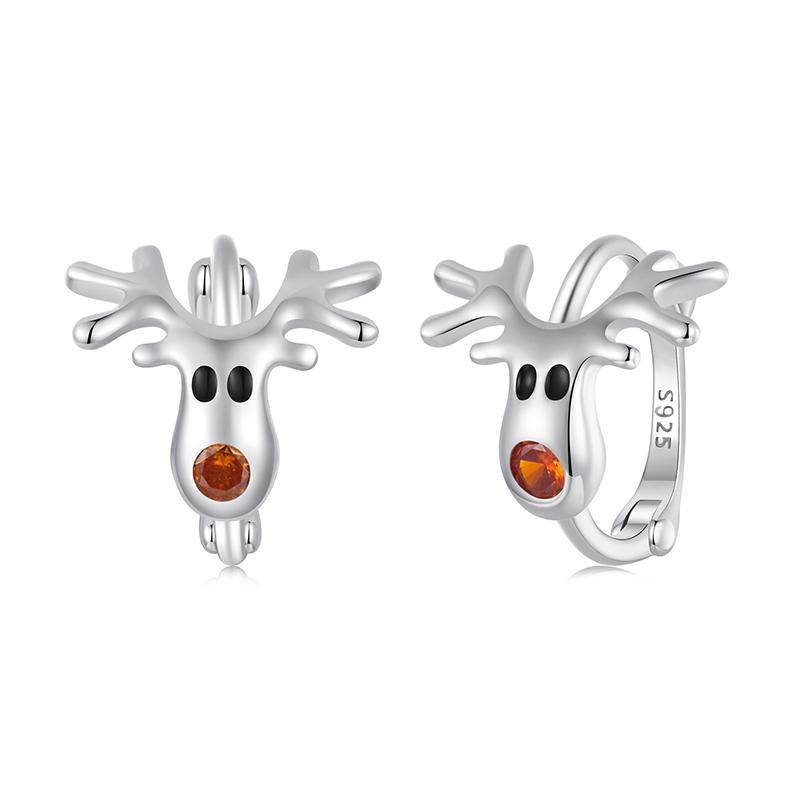 BAMOER 925 Sterling Silver Reindeer Hoop Earrings Lightweight White Gold Plated Christmas Hoop Earrings for Women SCE1812