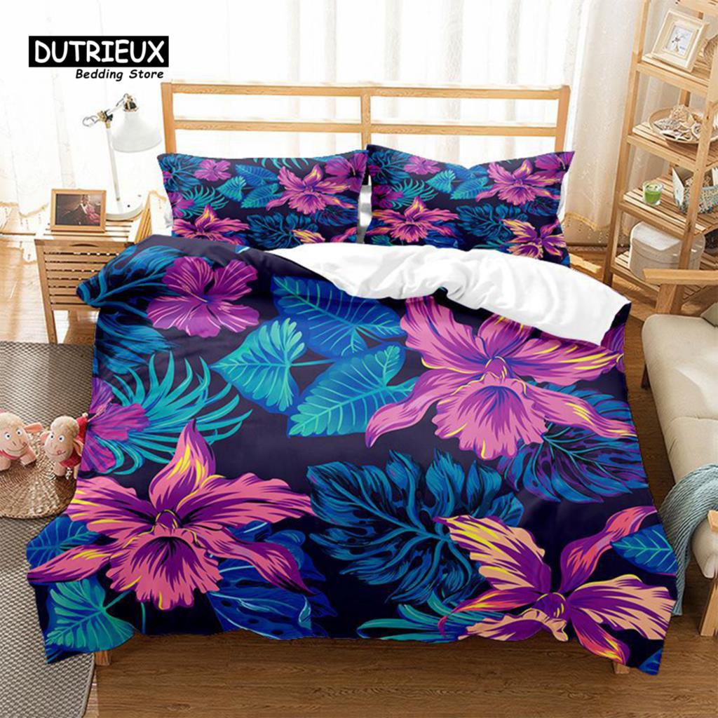 Floral Bedding Set Botanical Duvet Cover Queen Soft Boho Rose Flowers Leaves Print Comforter Cover For Kids Teens Adults Decor