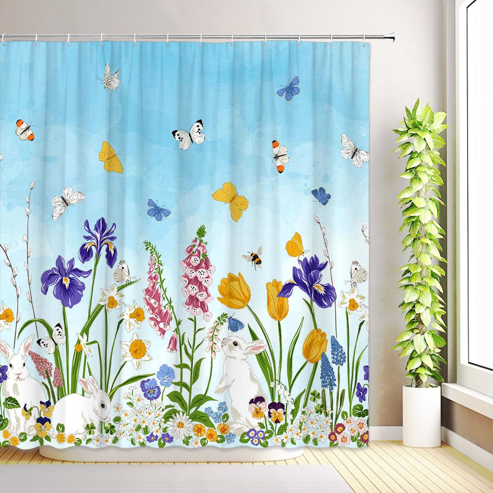 Cute Bunny Floral Shower Curtain Easter Rabbit Truck Watercolor Flower Plant Green Leaves Butterfly Bathroom Decor with Hooks
