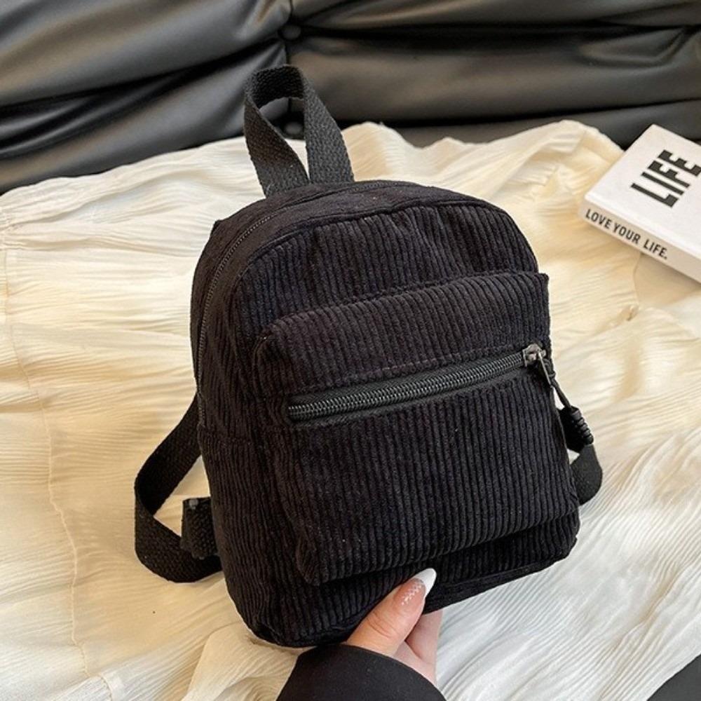 Zipper Double Shoulder Bag Lightweight Daypack Korean Style Corduroy Mini Backpack Casual Travel